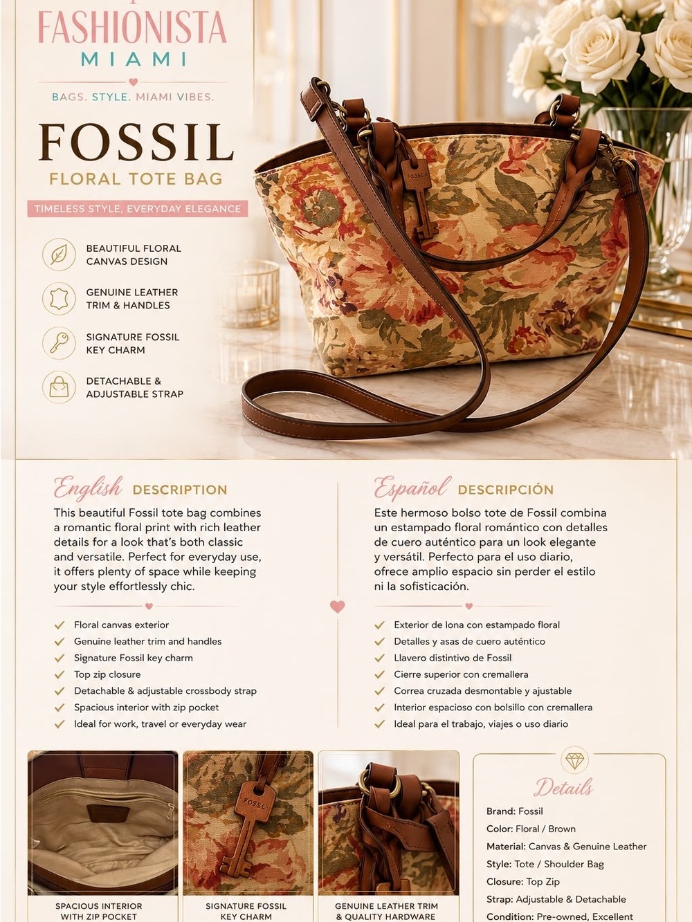 Fossil Floral Canvas Tote with Brown Leather Trim